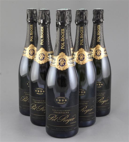 Six bottles of Pol Roger 1996 Vintage Champagne.